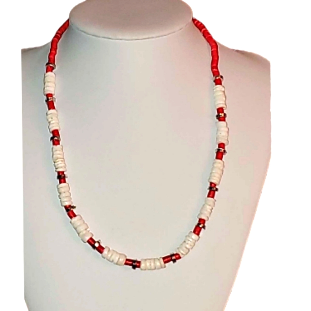 Red White & Silver Flat Beaded Necklace Button Closure 17"